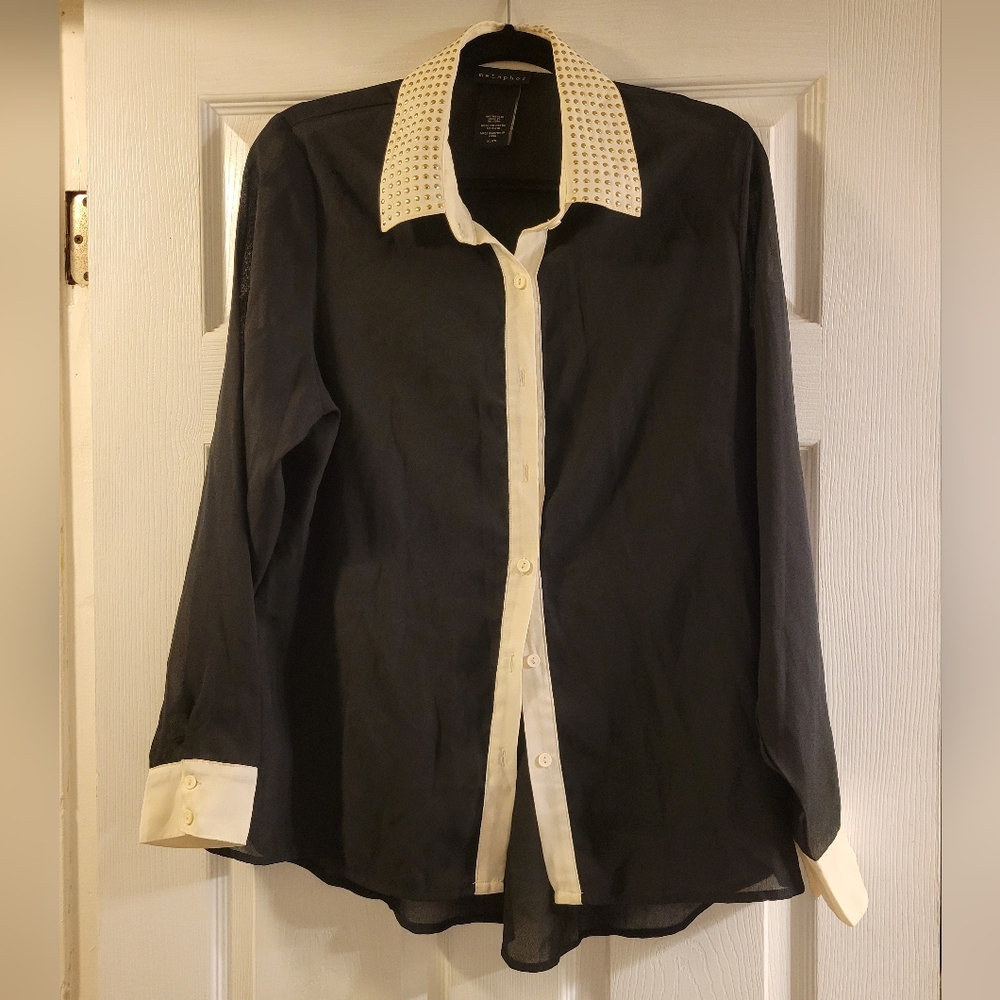 Metaphor black sheer button up w/ white details Gold embroidered collar size XL